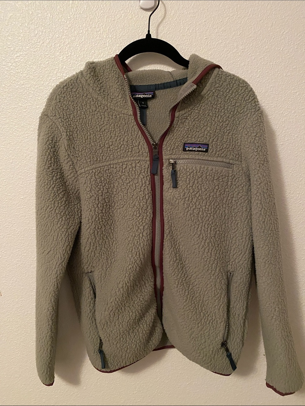 Patagonia Grey Hooded Sherpa Jacket with Maroon Trim